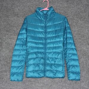 Uniqlo Lightweight Puffer Jacket Teal Blue Down Filled Zip Up Womens Size M